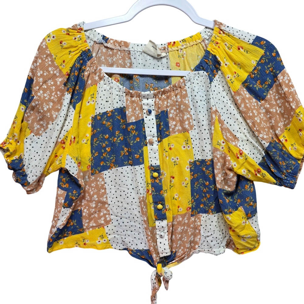 Grace and Emma Patchwork Crop Top Womens L Floral Polka Dot Yellow Blue Blouse